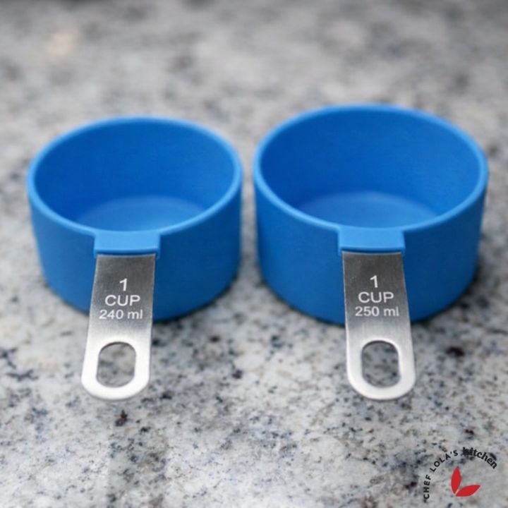 Two measuring cups labeled 240ml and 250ml showing volume difference.