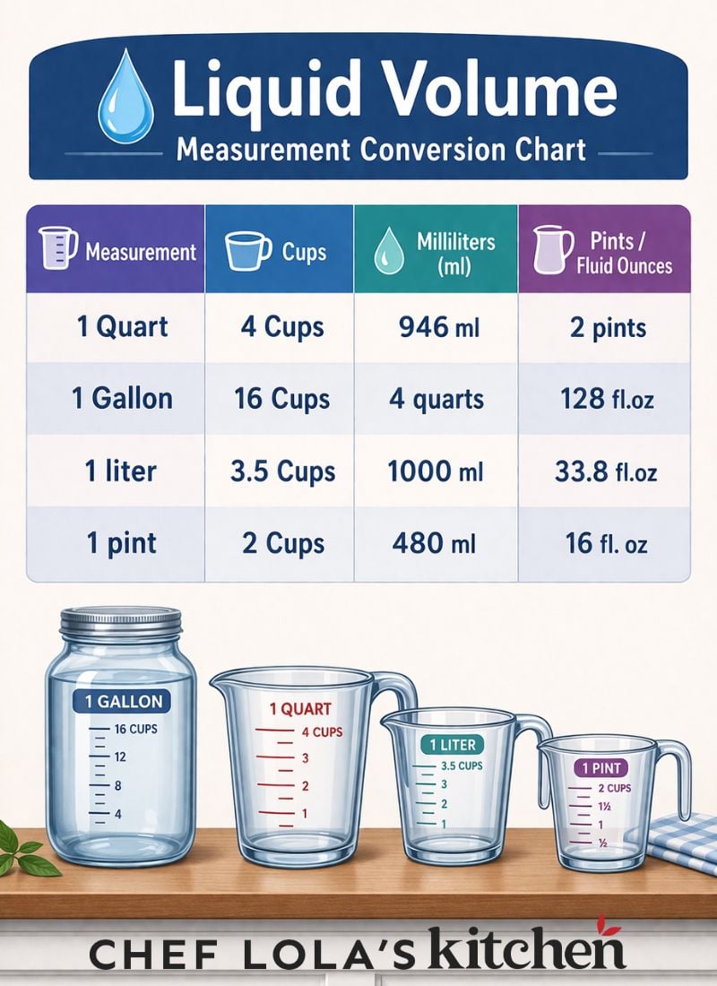Detailed liquid volume conversion chart with measurements in cups, ounces, and milliliters.
