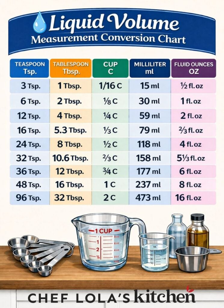 Liquid volume measurement conversion chart showing cups, teaspoons, tablespoons, milliliters, liters, and ounces.