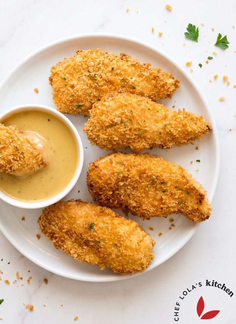 Crispy baked Chicken Tenders served with dipping sauce
