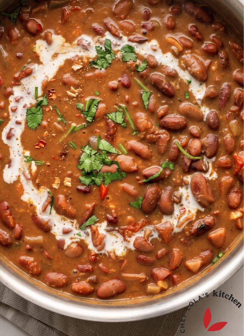 Close-up view of creamy Maharagwe beans soup showing tender beans and a rich coconut milk texture.